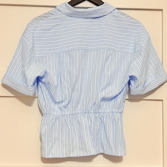 1.State Johnny Collar Gathered Waist Top Blue & White Vertical Stripe NWOT XS - Picture 7 of 8